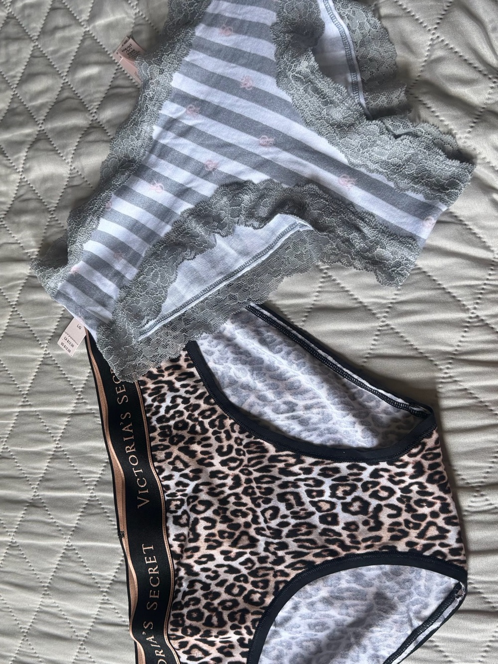 Victoria's Secret Gray Striped Lace & Leopard Print Bikini Panty Duo